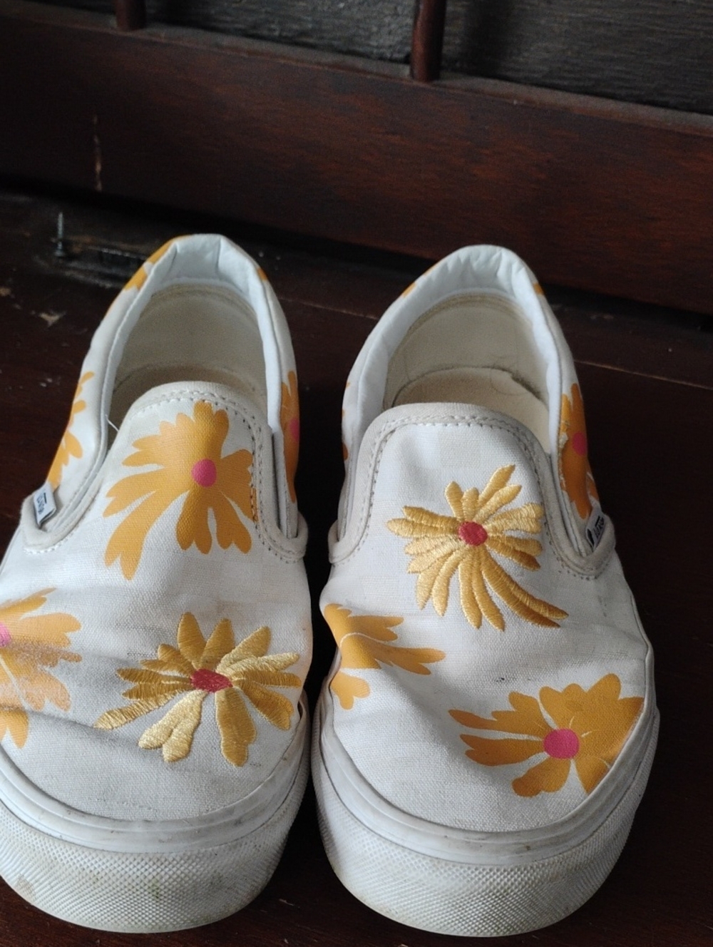 Women's White Slip-On Sneakers with Yellow Floral Embroidery